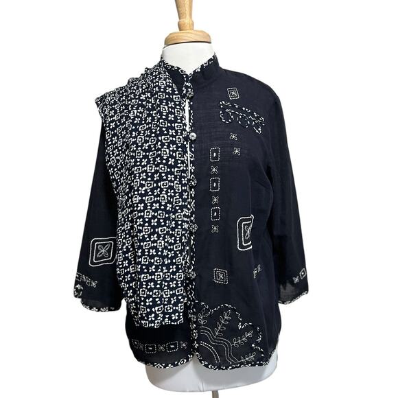 KORET City Blues Embroidered 2pc Set sz M/L Shirt Jacket /Pants Navy BOHO - Picture 1 of 10